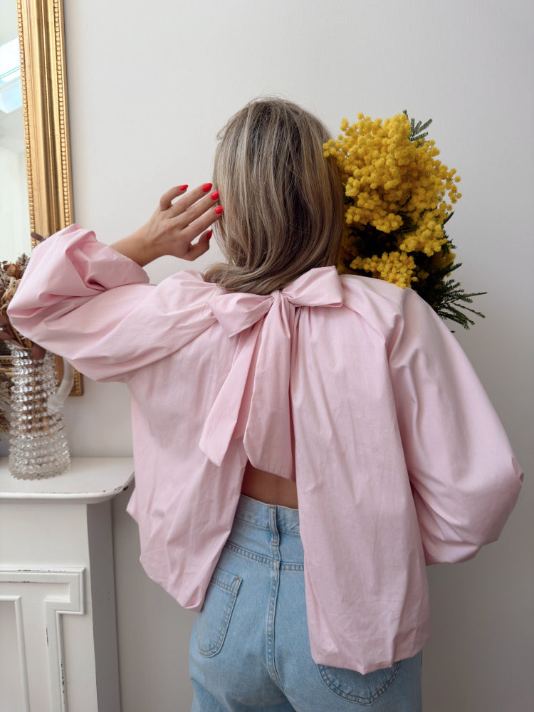 Blouse chemise noeud rose poudré