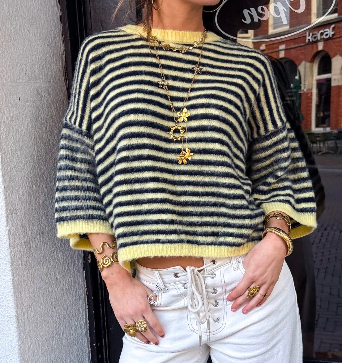 Pull rayure marine/jaune