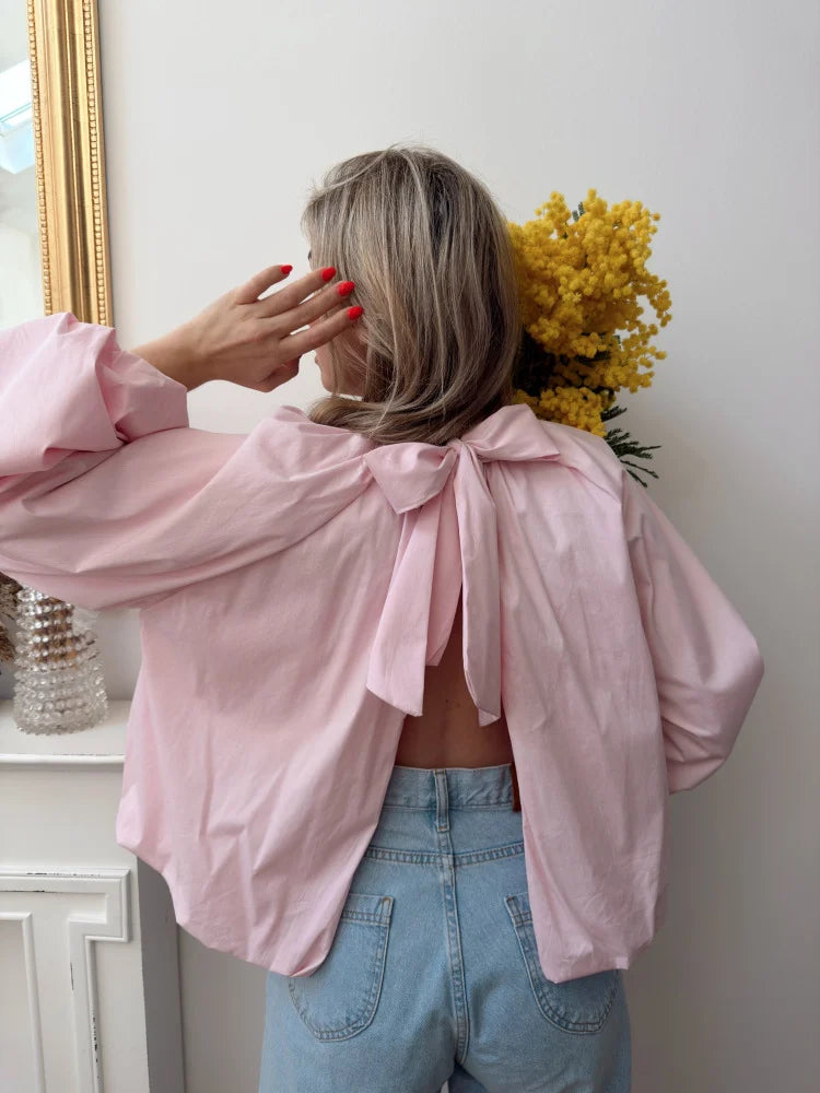 Blouse chemise noeud rose poudré