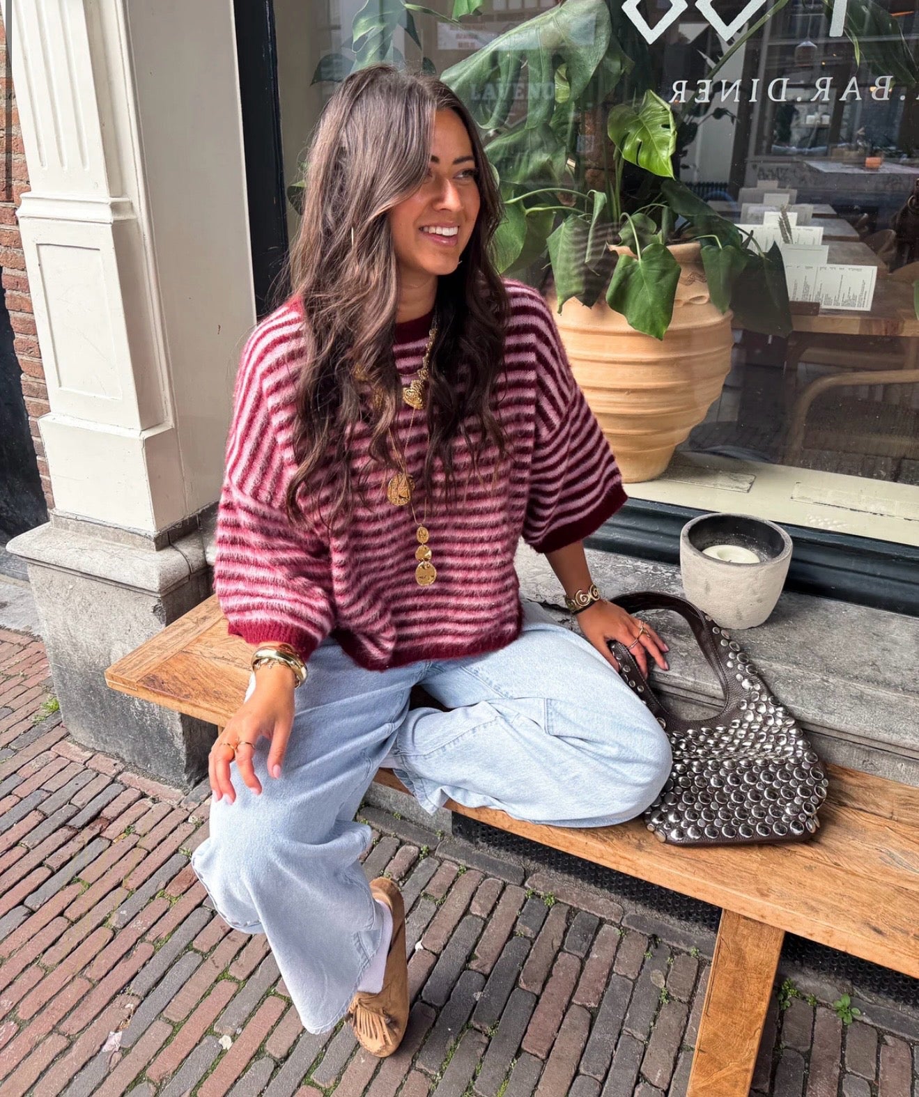 Pull rayure bordeaux/rose