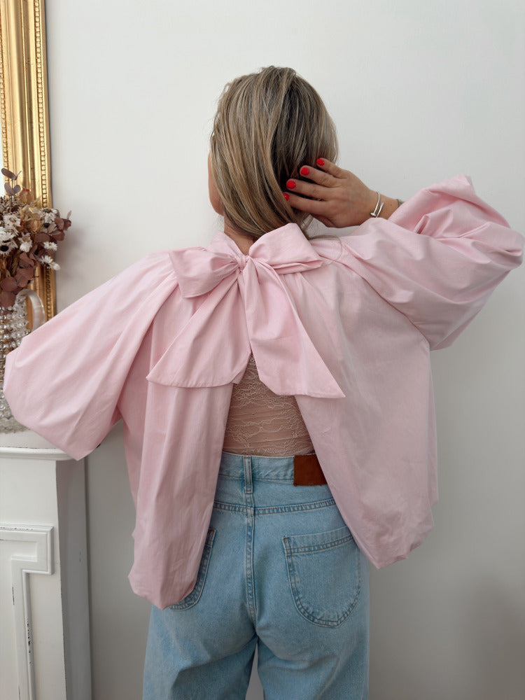 Blouse chemise noeud rose poudré